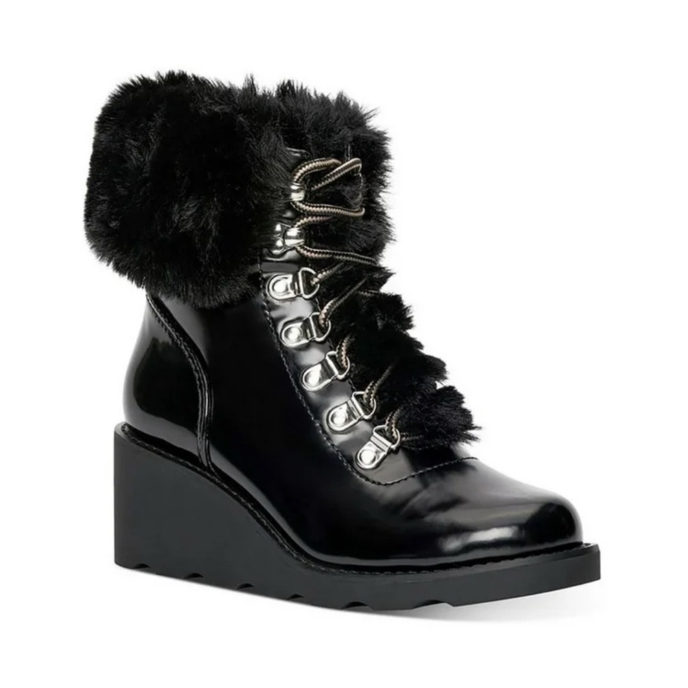 INC Hannia Patent Faux‎ Fur Lace-Up Wedge Booties Black Size 5.5 NIB